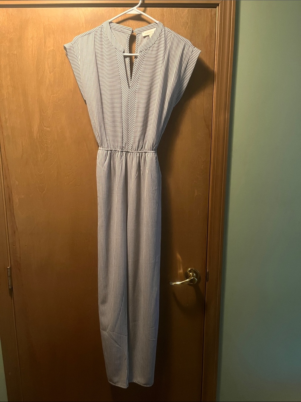 Monteau White and Navy Pinstripe Jumpsuit